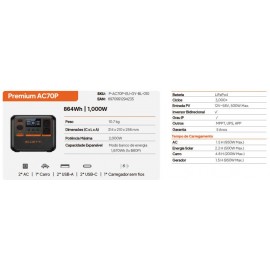 BLUETTI AC70 PREMIUM Estação de energia portátil | 1000W 864Wh
